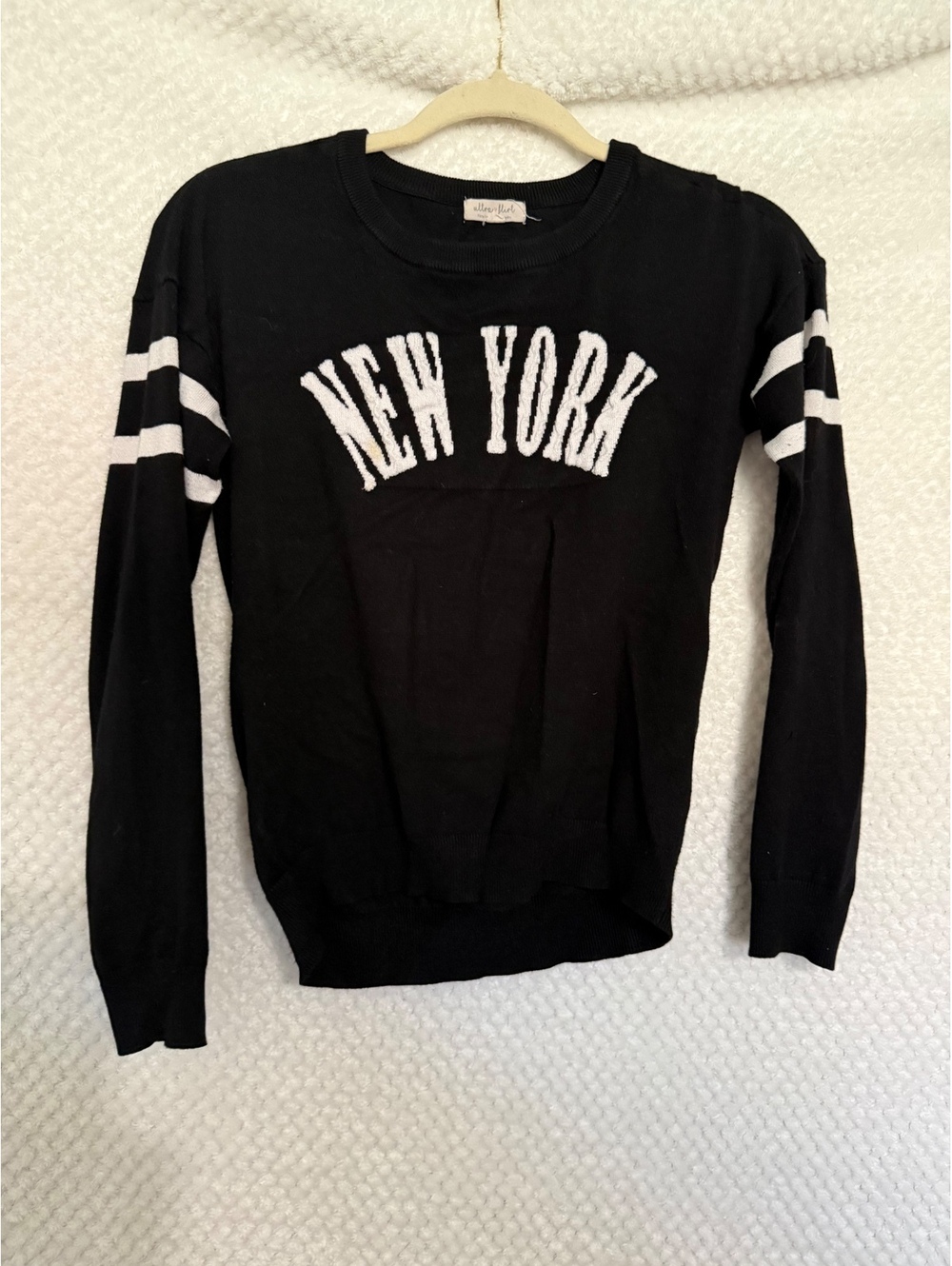 Ultra Flirt Black New York Graphic Sweater with White Stripes